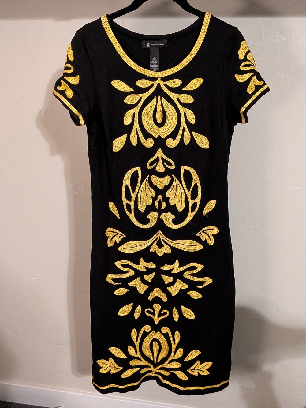 INC International Concepts Black Mini Dress with Gold Embroidery